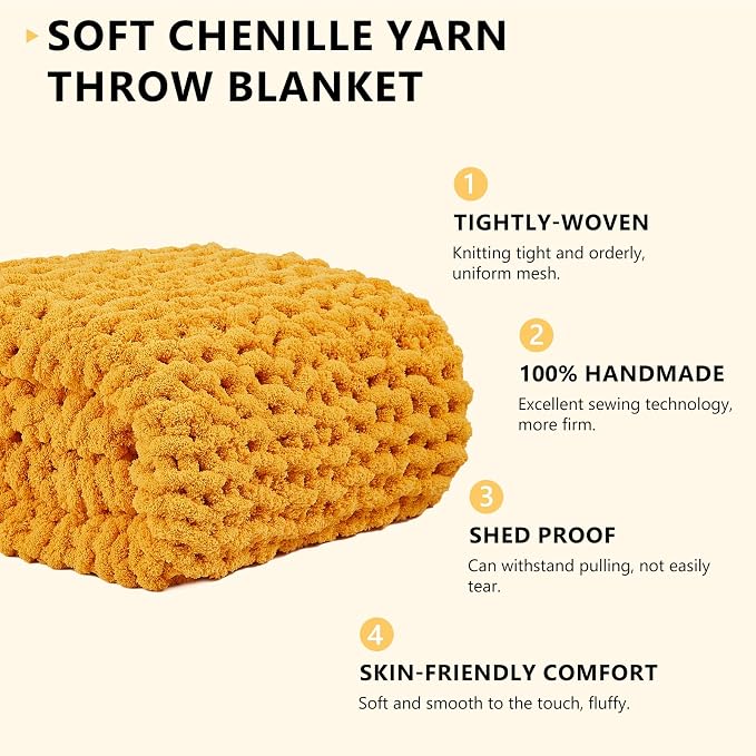 L'AGRATY Chunky Knit Throw Blanket for Couch, 30 x 40 Inches Mustard Yellow | Handmade Chenille Crochet Blanket for Sofa Bed, Thick Cable Knitted Blankets for Room Home Decor, Birthday Gift for Women Mom