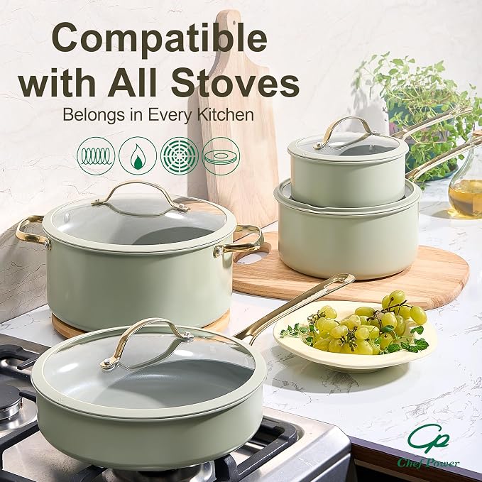 Chef Power Ceramic Frying Pan with Stainless Steel handle 5Pcs Set, Non Stick Grill Pan Set, Dishwasher and Oven Safe, Sage Green and Granite Grey