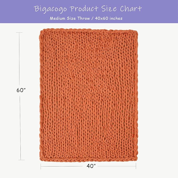 Bigacogo Chunky Knit Throw Blanket for Couch, 40x60 inches, Terracotta | Hand Knit with Jumbo Chenille, Soft Breathable Cable Knit for Sofa Bed Living Room, Machine Washable, Gift for Mom Friend