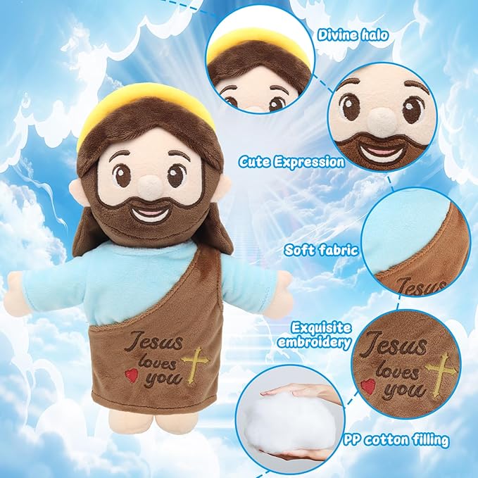 Jesus Plush 10", Jesus Plush Stuffed Doll with Halo, White-Skinned Big-Eyed Cute Plushie Gifts for Kids, Christian Stuff Religious Party Toys for Church Easter Christmas Baptisms Favors