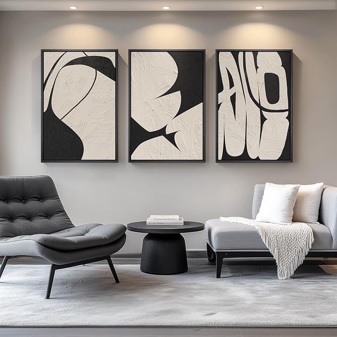 Large Framed Neutral Abstract Wall Art, 3 Piece Black and Beige, 24x36 In | Modern artwork, Canvas prints paintings, Wood frame, Minimalist abstract pictures, Wall decor for living room hallway office