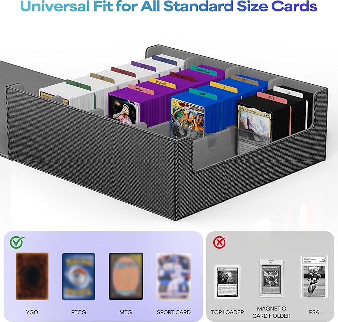 UAONO Trading Card Storage Box, Holds 2400 Sleeved Cards with 24 Dividers & 4 Stoppers, Magnetic Closure PU Leather Card Case for MTG, PTCG, YGO, Sports Cards (Black&Gray)
