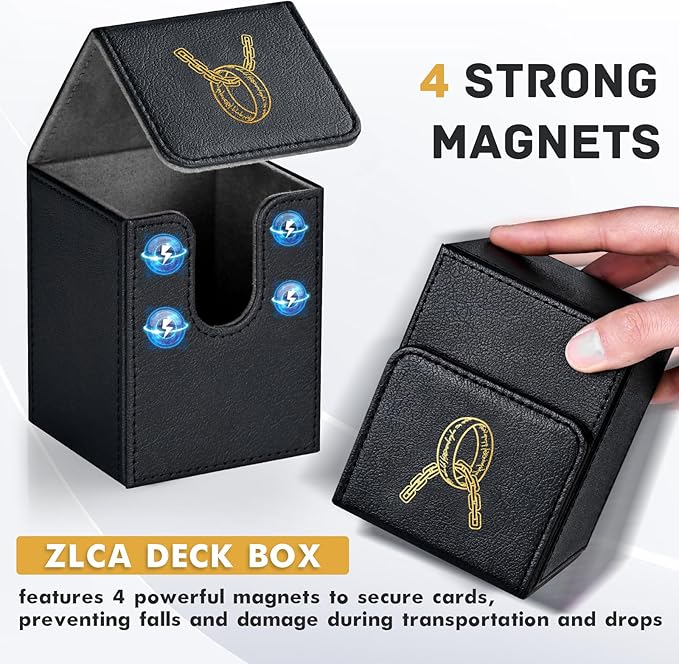 ZLCA Card Deck Box for MTG with 2 Dividers, Card Storage Box Fits 100+ Single Sleeved, PU Leather TCG Deck Case Holder for Magic Commander Yugioh (Black,Ring)