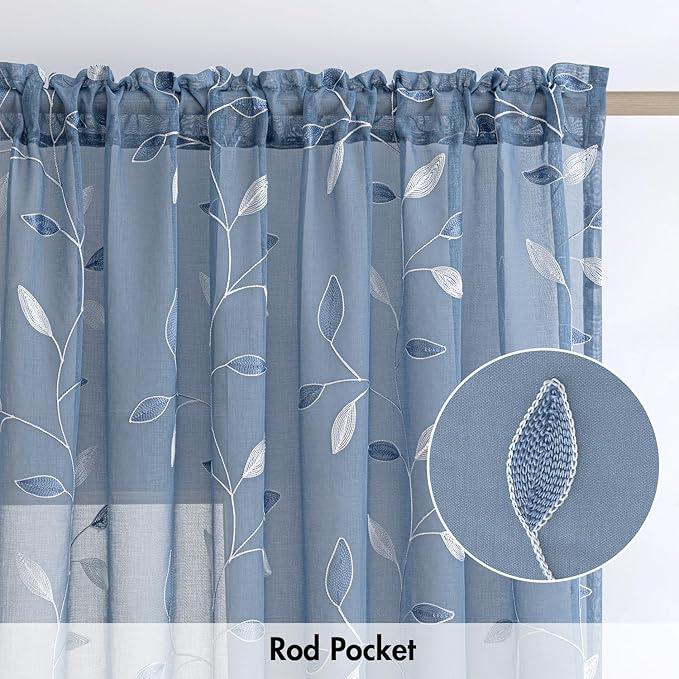 MIULEE Dusty Blue Sheer Curtains 2 Panels Embroidered Leaf Patterned Rod Pocket Floral Semi Sheer Faux Linen Window Curtains Drapes Set for Living Room Bedroom Dining Room, 52x96 Inches Long