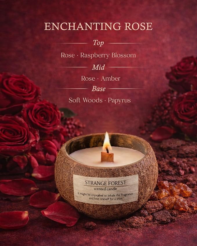 Enchanting Rose Coconut Shell Scented Candle for Home, Natural Soy Wax Wooden Wick Candle, Handmade Non Toxic Aromatherapy Candle Gifts for Women, 50 Hour Long Lasting Decorative Candles for Home
