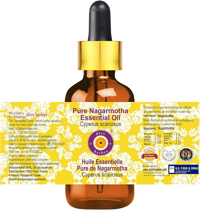 Deve Herbes Pure Nagarmotha Essential Oil (Cyperus scariosus) with Glass Dropper Steam Distilled 10ml (0.33 oz)