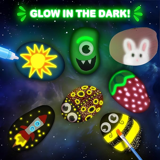 Rock Painting Kit for Kids Ages 6-12, Glow in The Dark Rock Paint, Arts and Crafts Birthday Party Gifts for Boys Girls 6 7 8 9 10 12 Year Old, Creative Craft Activity Kits, Art & Crafts Supplies Toys