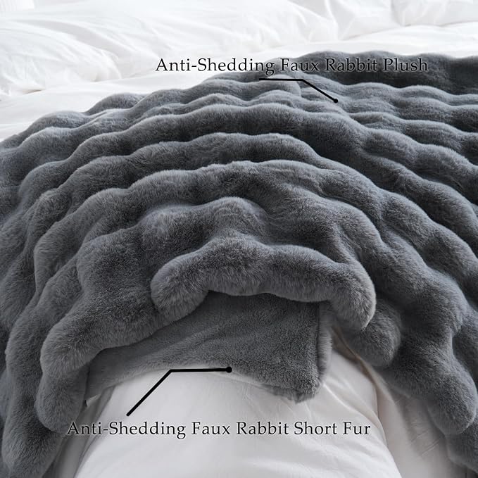 BENVWE Faux Fur Throw Blanket for Couch Bed - Fluffy Soft Thick Bubble Blanket for Living Room Home Decor - Fathers Day Birthday Gifts for Women Men, Grey, 63" x 80"