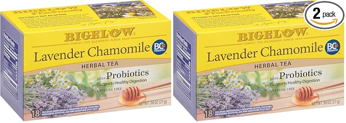 Bigelow Tea Lavender Chamomile Plus Probiotics Herbal Tea, Caffeine Free with Lavender Chamomile, 18 Count (Pack of 12)