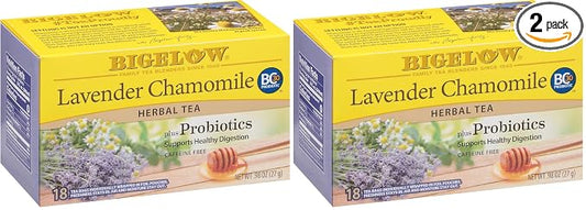 Bigelow Tea Lavender Chamomile Plus Probiotics Herbal Tea, Caffeine Free with Lavender Chamomile, 18 Count (Pack of 12)