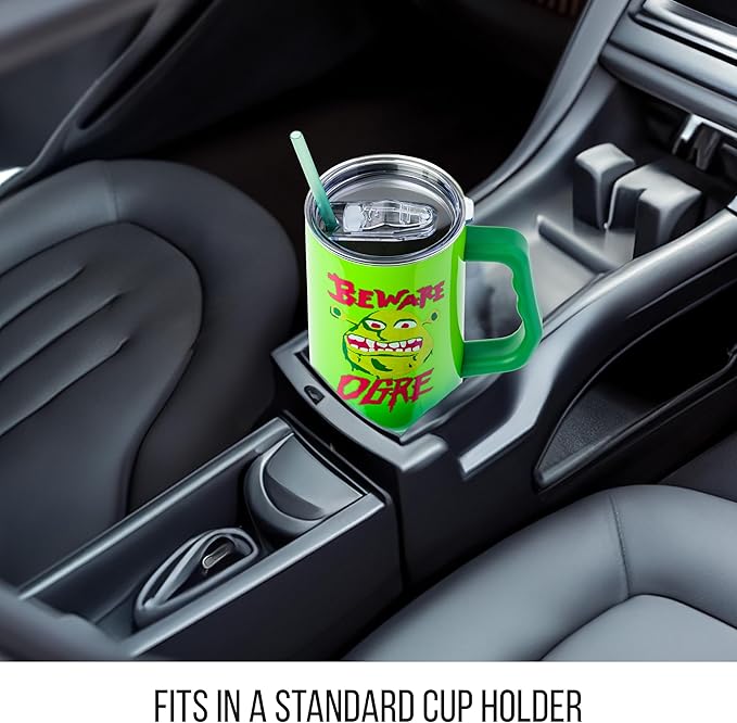 Silver Buffalo Shrek Beware Ogre Double Walled Stainless Steel Tumbler with Handle and Straw, Fits in Standard Cup Holder, 40 Ounces