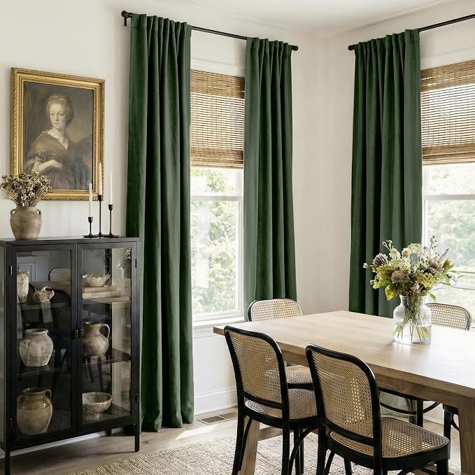 100% Blackout Shield Green Linen Blackout Curtains for Bedroom 96 Inches Long, Back Tab/Rod Pocket Living Room Drapes, Thermal Insulated Blackout Curtains 2 Panels Set, 50" W x 96" L,Loden