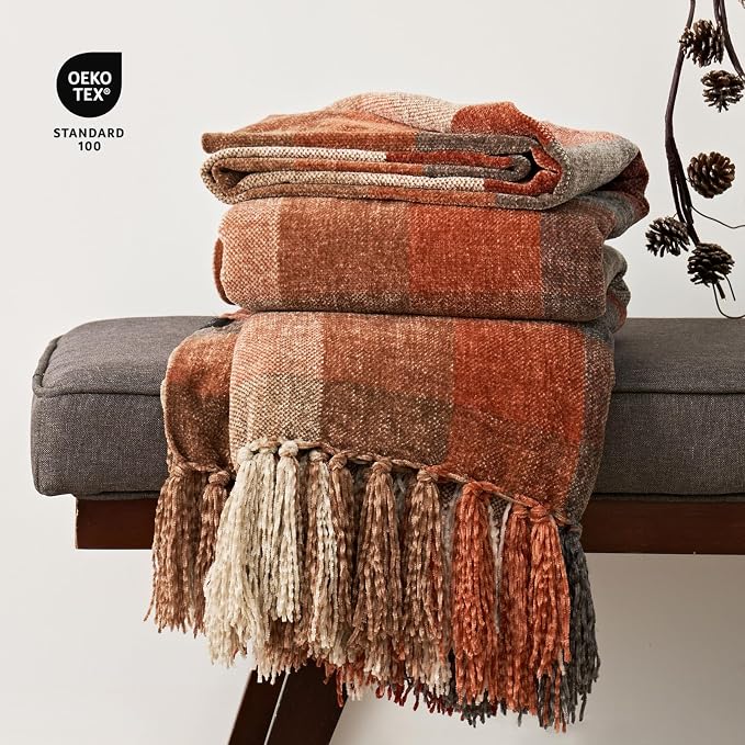 Plaid Chenille Fall Throw Blanket, 50"x60", Harvest Orange Plaid | Super Soft Knit Throw with Tassels, Cozy, Decorative Rustic Farmhouse Decor for Autumn, Ideal for Couch Bed Sofa Gift