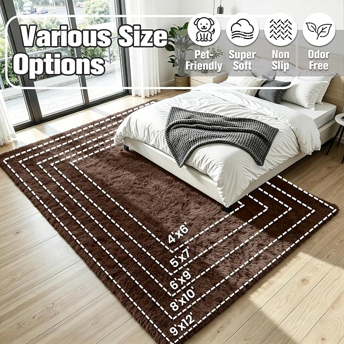 6x9 Area Rug for Living Room, Ultra Soft Fluffy Brown Rugs for Bedroom, Non Slip Large Shag Carpet, Fuzzy Plush Nursery Rug, Thick Washable Indoor Floor Carpets for Kids Office Dorm Home Decor