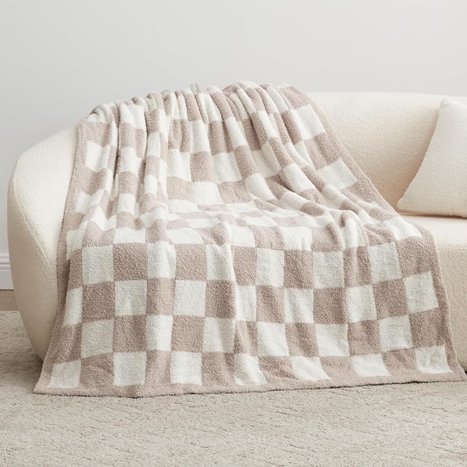 EXQ Home Checkered Throw Blanket, Knitted Blanket with Checkerboard Grid Pattern, Soft Cozy Fluffy Blankets for Couch Bed Sofa, Warm Fuzzy Plaid Blanket for All Seasons (Taupe, 50"×60")