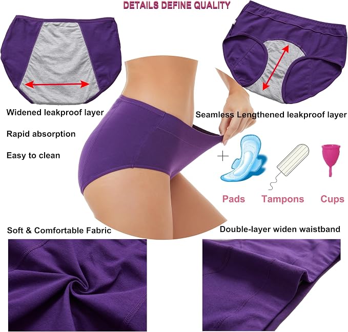 HATSURE Period Underwear for Women Leak Proof Cotton Overnight Menstrual Panties Briefs (Multipack)
