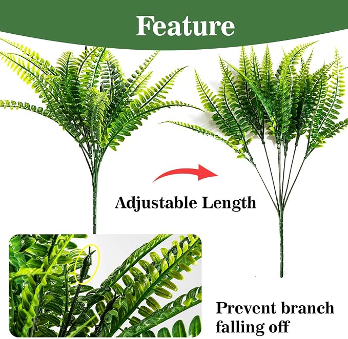 MAQIHAN 40PCS Fake Fern for Outdoor - Artificial Boston Fern Stems Decor | Realistic Fake Greenery for Large Planters, Vase, Porch, Patio, Garden Decor, Faux Plants for Indoor, Outdoor Home Decoration