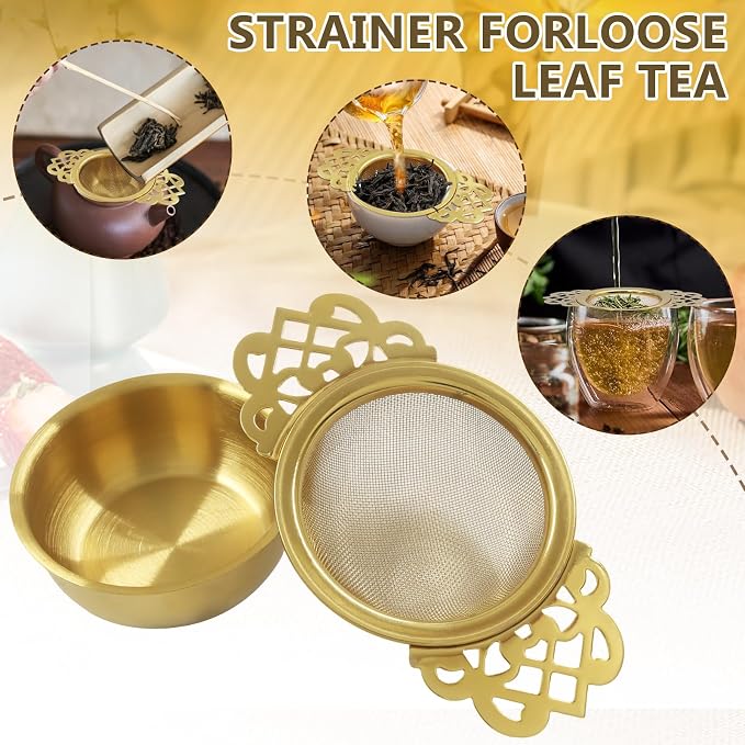 4 Pack Fine Mesh Tea Strainers with Drip Bowls, Stainless Steel Loose Leaf Tea Filter, Double Wing Handles for Mugs & Cups 2.5-4 Inch Mouth, Gold