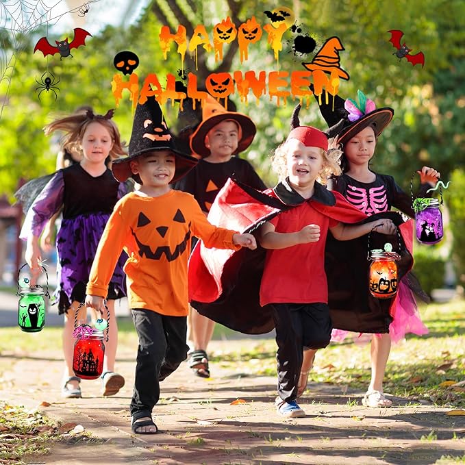 Halloween Crafts for Kids, 4 PCS Mason Jar with Accessories for DIY Craft, Art Party Favor Supplies, Halloween Decoration Trick or Treating, Classroom Art Activities