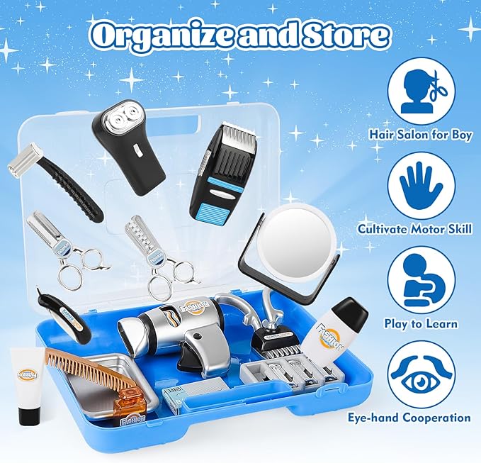 deAO Barber Shop Kids Shaving Kit for Boys Pretend Play Toy Hair Styling, Realistic Salon Role Play with Hairdryer, Shaving Tools, Barber Accessories with Case, Birthday Christmas Gift for Boys Girls