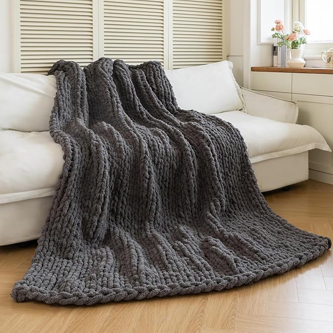 Chunky Knit Blanket - Luxury Soft Cozy 50 * 60 Throw Blanket,100% Woven Blanket Rope Knot Throw Blanket for Couch, Sofa, Home Decor, Gift - Machine Washable (Black Gray, 50 * 60)