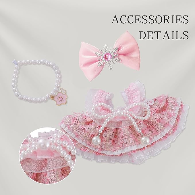 17cm Doll Clothes Set & Doll Outfit Set 3-Piece Handmade with Faux Pearl Bow, Necklace & Hair Accessory – Fit for 17cm Plush Dolls, Clothes Only