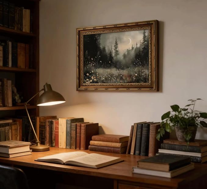Vintage Gold Framed Moonlit Forest Wall Art Crescent Moon Forest Wildflower Gothic Canvas Print Dark Moody Moon Botanical Flowers Wall Decor Rustic Nature Night Landscape Poster Artwork for Offices
