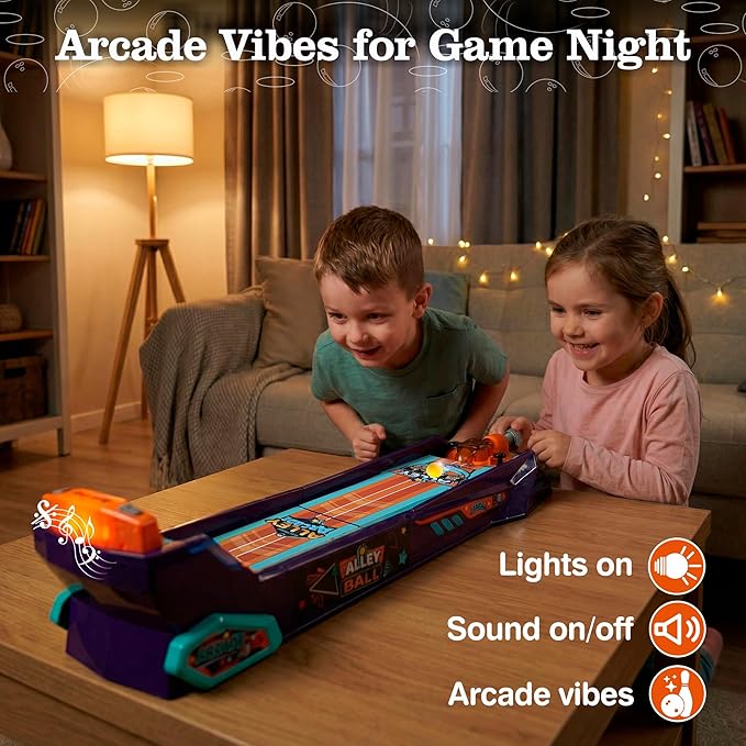 Alley Ball Game — Electronic Roll & Score Tabletop Arcade, Auto Scoring with Lights & Sound, Pull-Handle Launcher — 1-2 Players, Mini Arcade Game for Kids