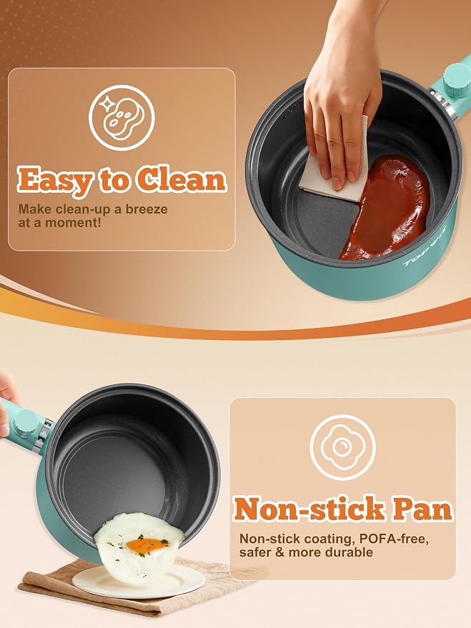 Topwit 1.5L Hot Pot Electric, Portable Ramen Cooker, Non-Stick Frying Pan | BPA-free, Glass Lid, Overheat & Boil-dry Protection, Electric Pot for Pasta, Steak, College Dorm Office Travel Essentials