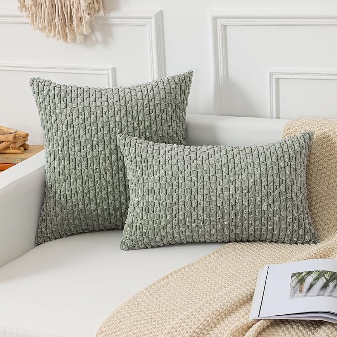 Kevin Textile Soft Corduroy 12"x24" Lumbar Pillow Cover 1 Pack, Grey Green | Boho Stripe Plush Corduroy Decorative Oblong Cushion Cover Modern Farmhouse Home Decor for Sofa Couch Bed Chair