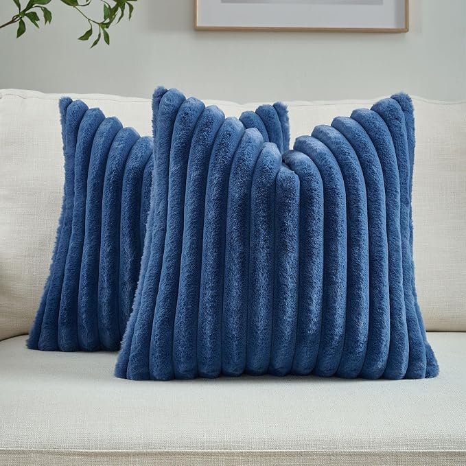 FUTEI Pack of 2 Faux Fur Throw Pillow Covers 22x22 Inch, Navy Blue | Fluffy Faux Rabbit Fur Front/Premium Velvet Back,Hidden Zipper,Machine Washable,Non-Shedding,Colorfast,Insert Not Included.