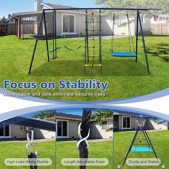 Swing Sets for Backyard, 6 in 1 Outdoor Swing Set, Heavy Duty Metal Swing Stand with Climbing Ladder, Climbing Net, Glider, Hammock Swing, Belt Swing, Basketball Hoop