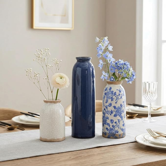 Vintage Ceramic Vase Set of 3, Blue and White Small Flower Vase Chinoiserie Rustic Modern Farmhouse Centerpiece Decorative Vases for Table Entryway Bookshelf Living Room Kitchen Home Decor
