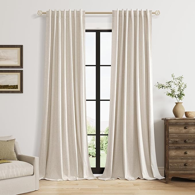 Guken Extra Long 100% Blackout Linen Curtains for Bedroom 108 inches Long, Thermal Insulated Room Darkening Black Out Drapes for Living Room, Back Tab Rod Pocket 2 Panels Set,Cream Beige,52x108