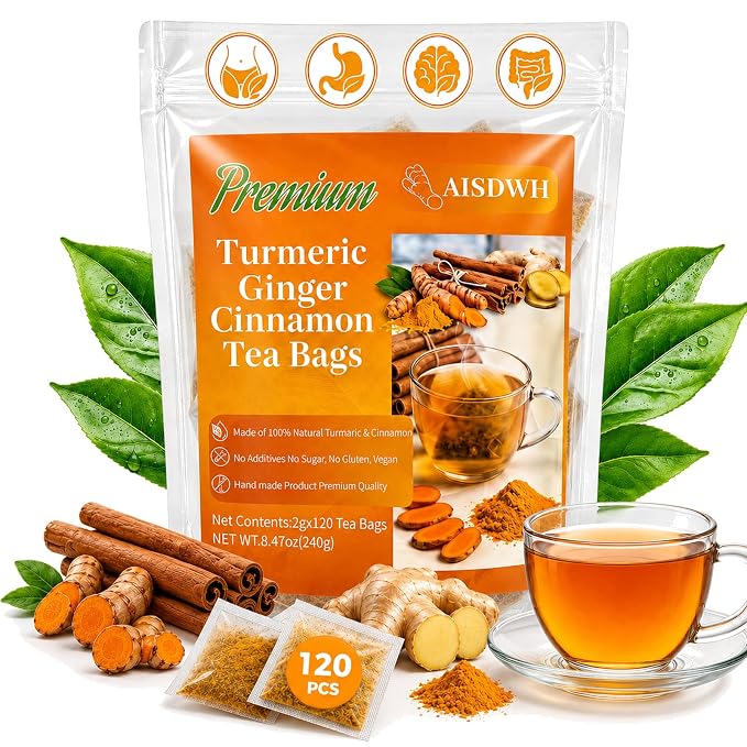 120 Premium Turmeric Ginger Cinnamon Tea, Turmeric Ginger Herbal Tea, Digestive Support, Vegan, Sugar Free, Caffeine Free, Daily Wellness Tea, Gift Choice, Rich & Warming Taste