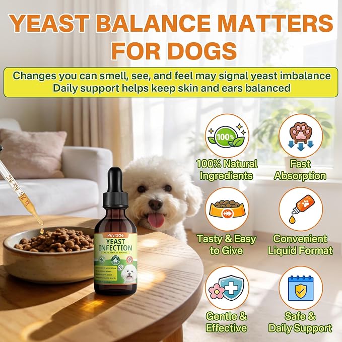 puyrzoe Natural Yeast Infection Treatment for Dogs, Itchy Ears, Skin, Paws & Allergy Relief, Yeast Treatment for Dogs, Supports Gut & Immune Health, Reduces Itching, Irritation & Inflammation, 60ml