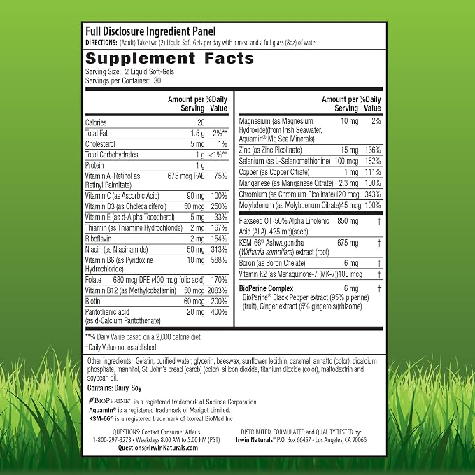 Irwin Naturals Daily-Multi Testosterone UP Booster for Men | Daily Multivitamin + Test Support* | KSM-66 Ashwagandha | Men's Wellness | 60 Liquid Soft-Gels