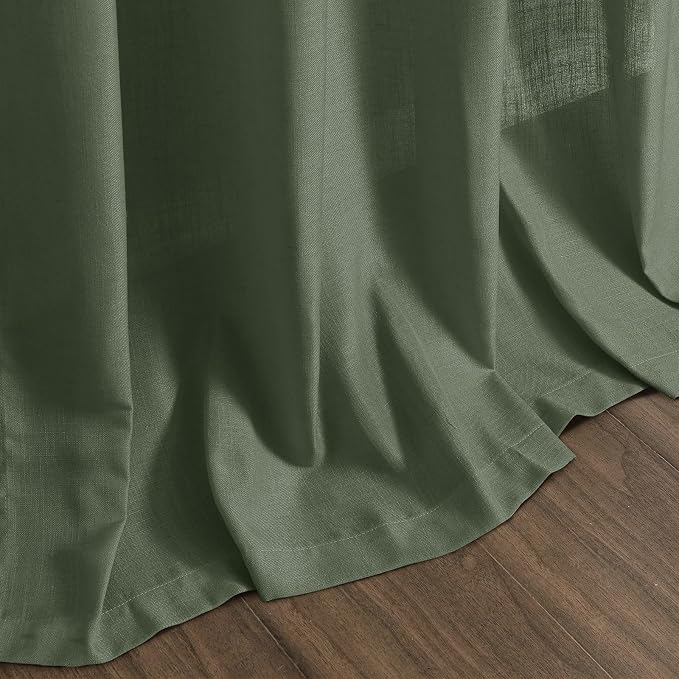 Nanspring Forest Green Linen Curtains 102 Inches Long for Living Room Light Filtering Semi Sheer Curtain Back Tab and Rod Pocket Wabi Sabi Boho Decor Drapes for Bedroom Office 52x102, 2 Panels