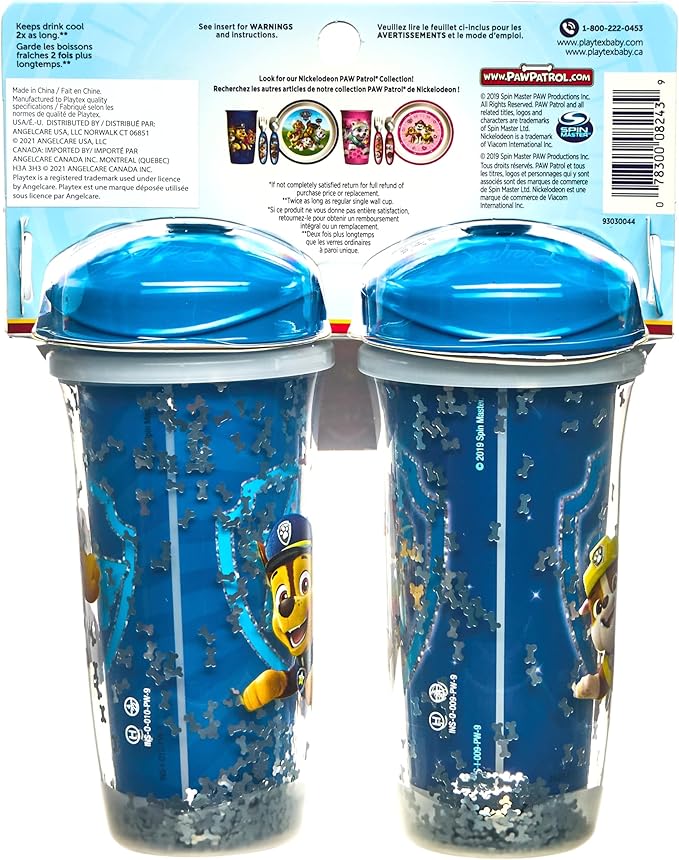 Playtex Baby Sipsters Hard Spout PAW Patrol Sippy Cup for 12+ Months, 9 Ounce (2 Count), Blue Glitter Chase and Marshall, Insulated Water Bottle for Kids, Spill-Proof Cups for Toddlers 1-3, Stage 3