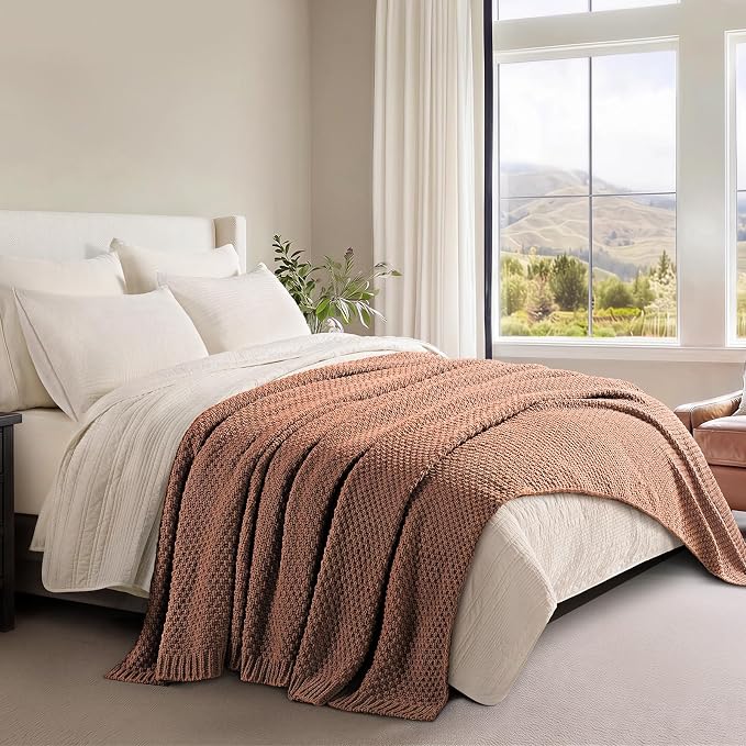 EVERGRACEHOME Chunky Chenille Knit Throw Blanket, 90 x 90, Terracotta Clay | Sculpted Moss Stitch, Chic Modern Farmhouse, All-Season Warmth, OEKO-TEX® Certified, Oversized Queen for Couch, Bed, Sofa
