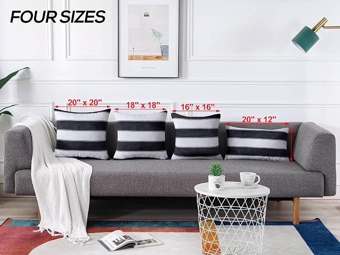 Pack of 2 Farmhouse Stripe Check Throw Pillow Covers Set Case Cotton Linen Decorative Pillowcases Cushion Cover for Couch Bench Sofa 16x16Inch Black