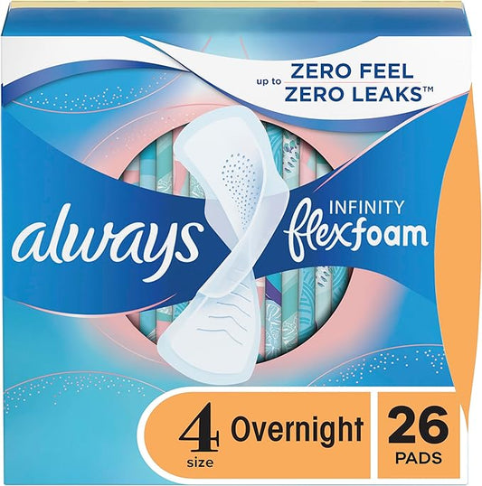 Always, Infinity With FlexFoam Pads For Women, Size 4, Overnight Absorbency With Wings, 26 Count