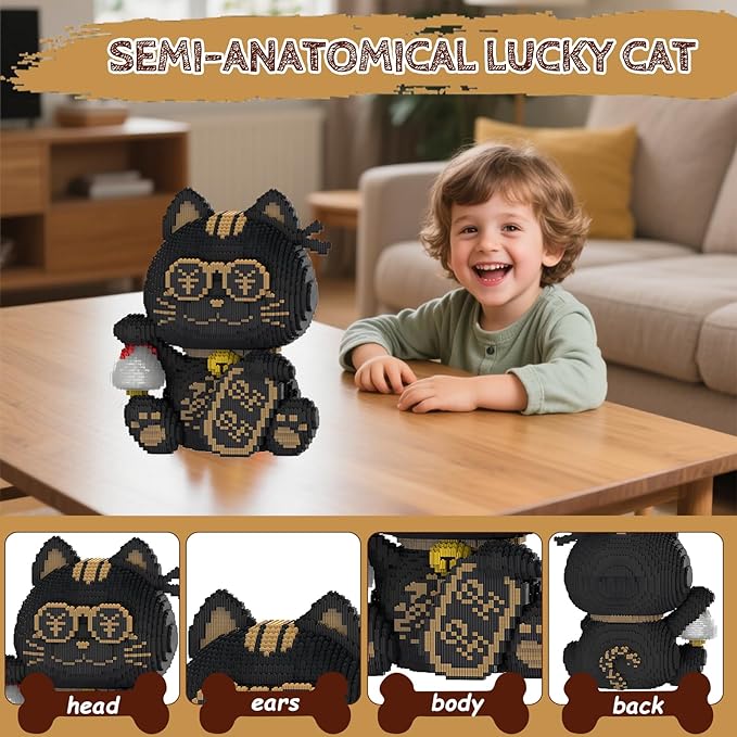 Black Lucky Cat Building Blocks Set Mirco Animal Model kit Gift for Adult and Kids 7900 Pieces