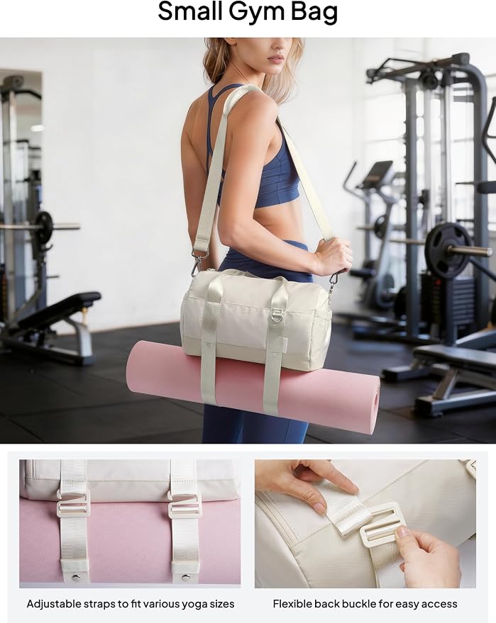 TOPEAST Small Gym Bag for Women with Yoga Mat Holder, Small Sports Duffle Bag Mini Gym Tote Bag with Water Bottle Pocket & Coin Purse for Weekender Travel Dance Workout, Beige