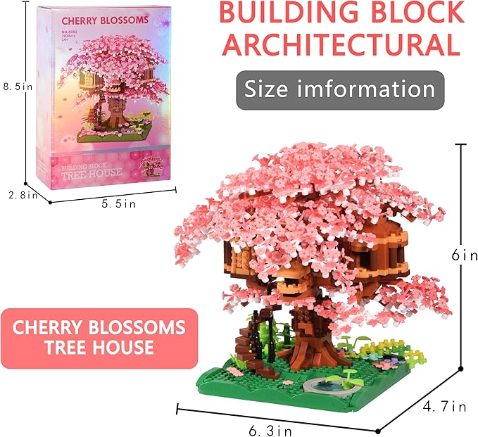 Cherry Blossom Tree Building Block Set Gift for Adults Girls Boys 14+, Cherry Bonsia Treehouse Micro Building Blocks, Japanese Sakura Flowers House 2028PCS