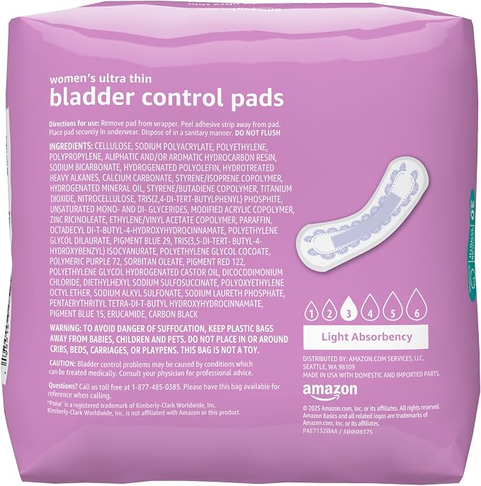 Amazon Basics Women's Incontinence Pads, Bladder Control & Postpartum, Light Absorbency, Unscented, 30 Count
