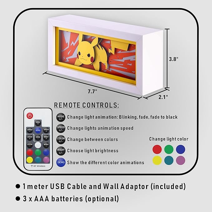 Unortha Anime LED Light Box, Manga Shadow Box Frame, Paper Cut, Table Lamp for Anime Enthusiasts, RGB Multi Color, Night Light for Room Decor, Unique Desk Decor (Pikachu)