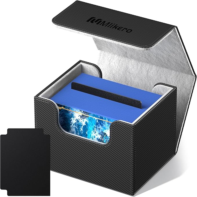 Mlikero Card Deck Box, Commander Deck Box Holds 100+ Double-Sleeved Cards with 2 Dividers, Leather Magnetic Closure Card Box Fit for MTG, TCG (Black)