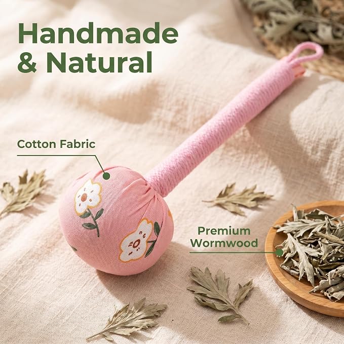 Manual Massage Hammer, Mugwort Massage Hammer, Handheld Body Percussion Tool for Back Neck Shoulder Leg Muscle Relief 26cm-Pink