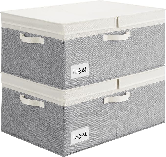 GRANNY SAYS Decorative Storage Boxes with Lid, Large Storage Bins with Double-Open Lid, Fabric Storage Basket for Clothes, 63L Closet Linen Storage Bin, White&Gray, 2-Pack